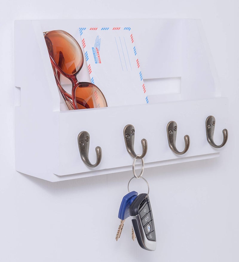 Flintar Wall Mounted Key and Mail Holder with 4 Hooks. Made of Solid Wood. Use as Key Rack, Entryway or Mudroom Organizer, Mail Sorter, Magazine Holder, Bill Sorter, Rustic Home DÃ©cor (White) - Image 2